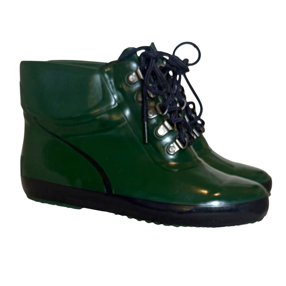 VTG Lands End Womens Forest Green Rain Boots Insulated Rubber Ankle Size 7